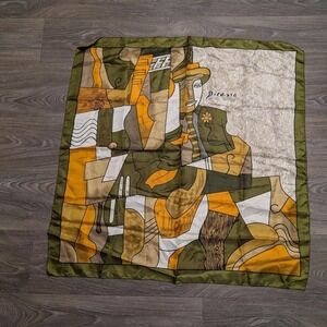 Paloma Picasso Cubist Art Print Silk Scarf Olive Green Yellow Abstract‎ Portrait